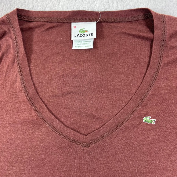 Lacoste Long Sleeve V-Neck T-Shirt Dark Brown Cotton Women US Size M (EU/6) VTG - Picture 3 of 9